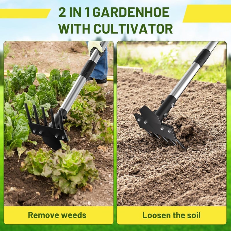 Ukiupop 2-in-1 Heavy-Duty Weed Puller Tool with 5-Tine Rake – 30" to 60" Adjustable Handle, Hoes for Gardening, Hoe Garden Tools for Loosening Soil, Planting, Weeding - Image 2